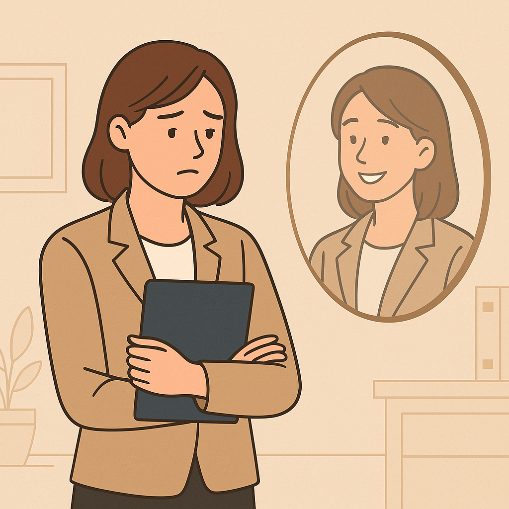 Le Masque Social : Quand l'Attente des Autres Crée un Décalage entre l'Apparence et le Ressenti Femme triste face à un miroir montrant un reflet souriant symbolisant l'attente des autres
