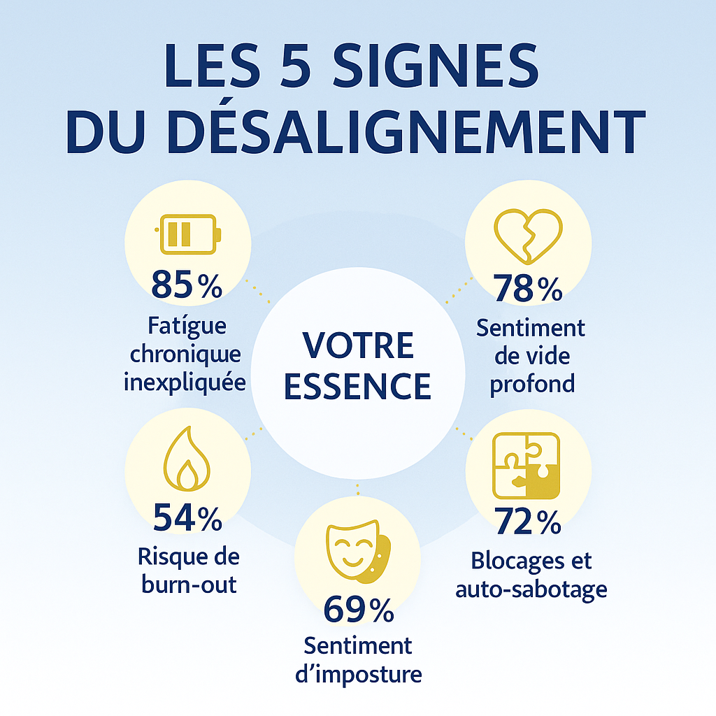 Infographie des 5 signes du désalignement impactant votre mission de vie : batterie vide, cœur évidé, puzzle incomplet, masque neutre et flamme éteinte disposés autour d’un cercle central « Votre essence »