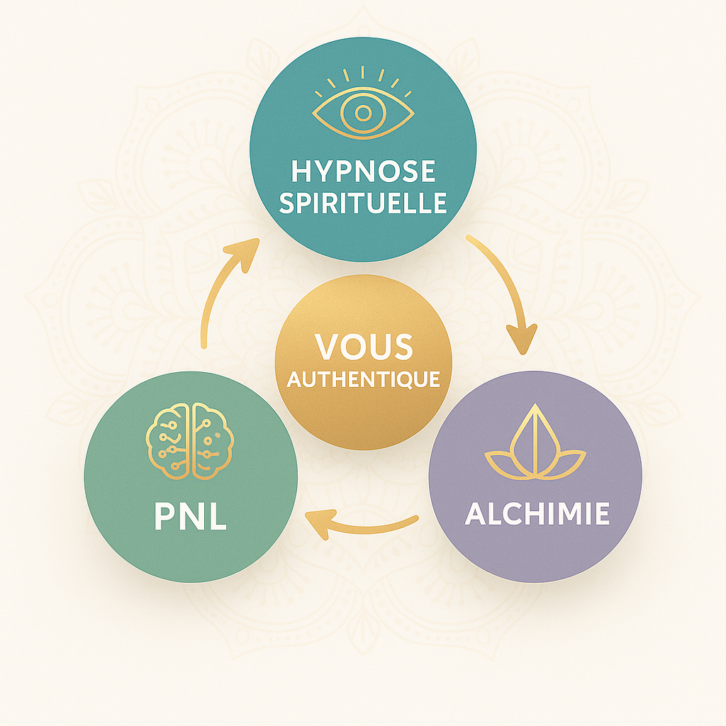 Infographie cercle vertueux : hypnose spirituelle, PNL et alchimie pour trouver sa mission de vie